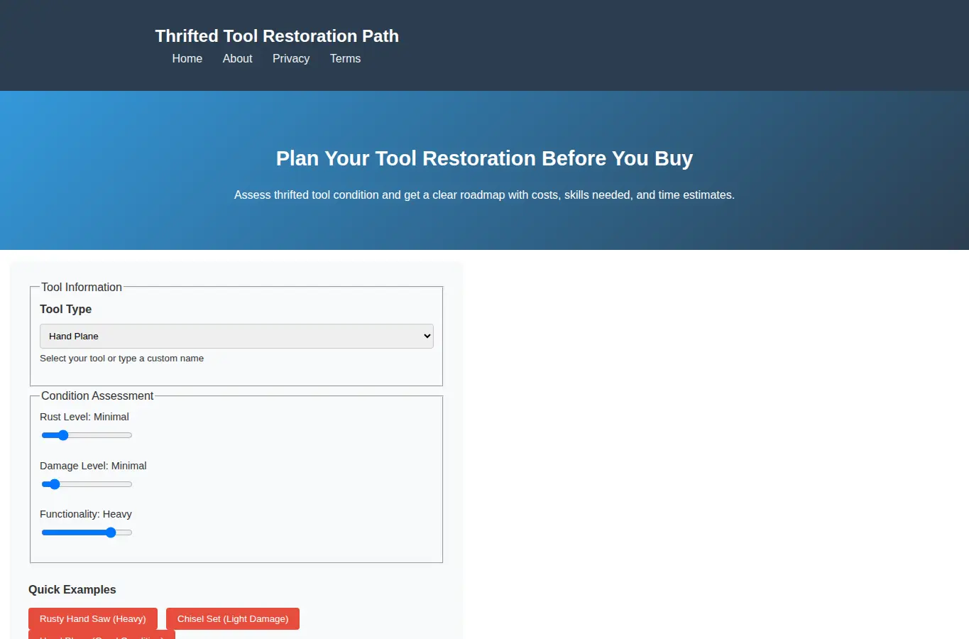 Screenshot of Thrifted Tool Restoration Path interface showing the project page in use